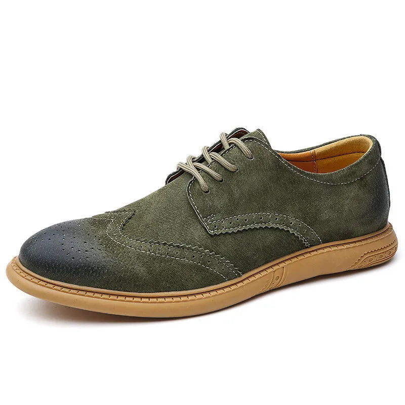 Men's black leather business lace-up shoes with retro stitching on a non-slip rubber sole.