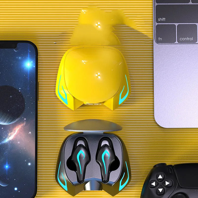 Wireless Bluetooth gaming headset with earplug-style design in black, dark grey, and yellow colour options