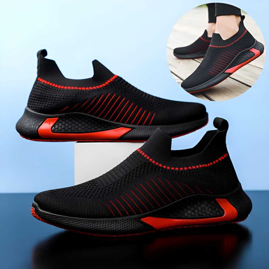 Men's low-top striped sneakers with flyknit mesh upper and slip-on lace design