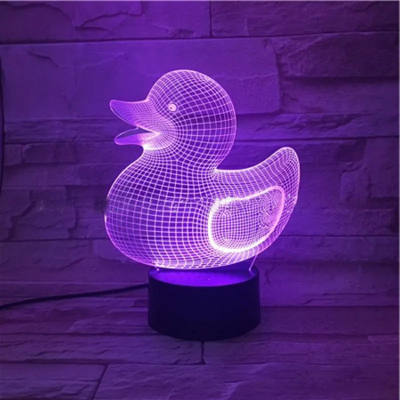 Little yellow duck 3D acrylic night light with ABS base showing seven colour LED options and remote control