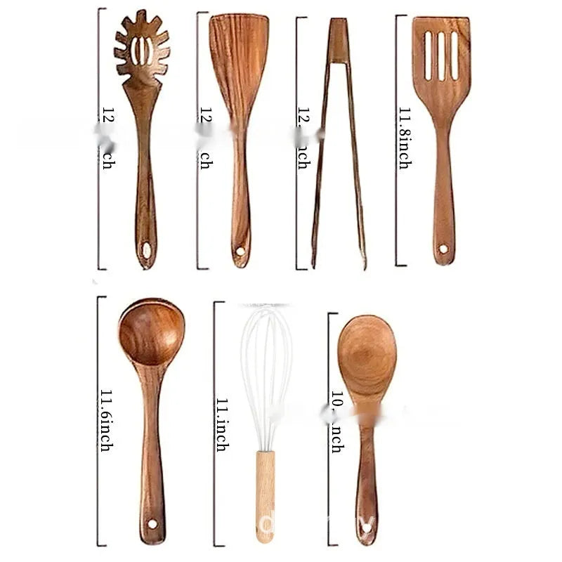 Seven-piece wooden kitchen spoon and spatula set in natural wood finish
