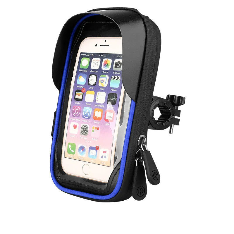 TPU mobile phone stand mounted on bicycle handlebar showing waterproof zipper and phone compatibility
