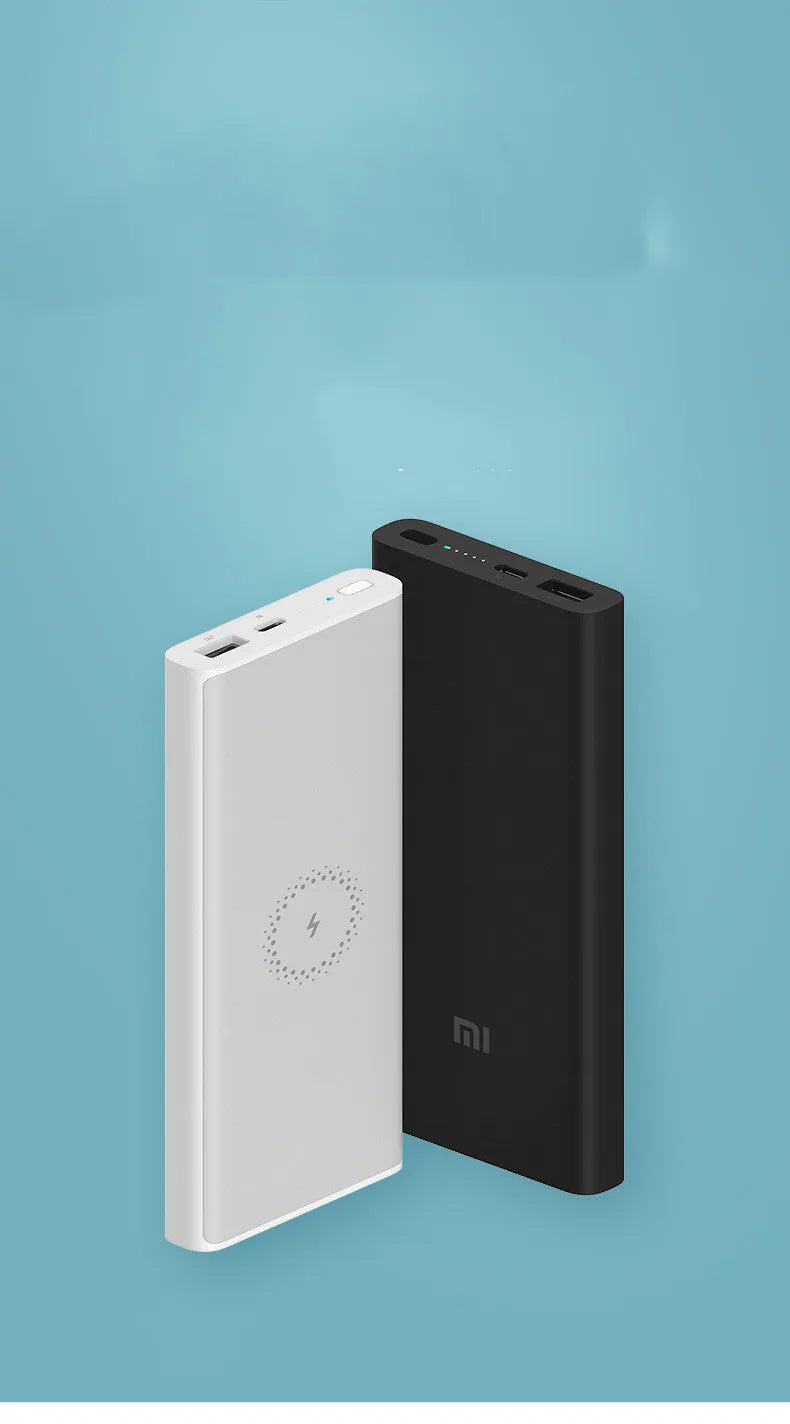 Black or white plastic 10000mAh power bank with wireless charging and USB Type-C port.