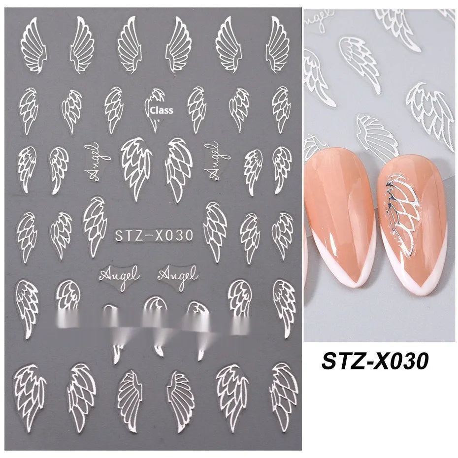 Set of 60 black and silver cartoon pattern nail strip stickers with plastic application patch.