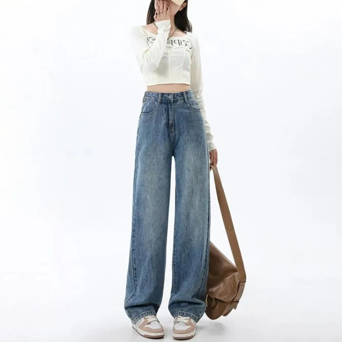 Women's high waist wide leg jeans in retro blue denim with straight leg cut