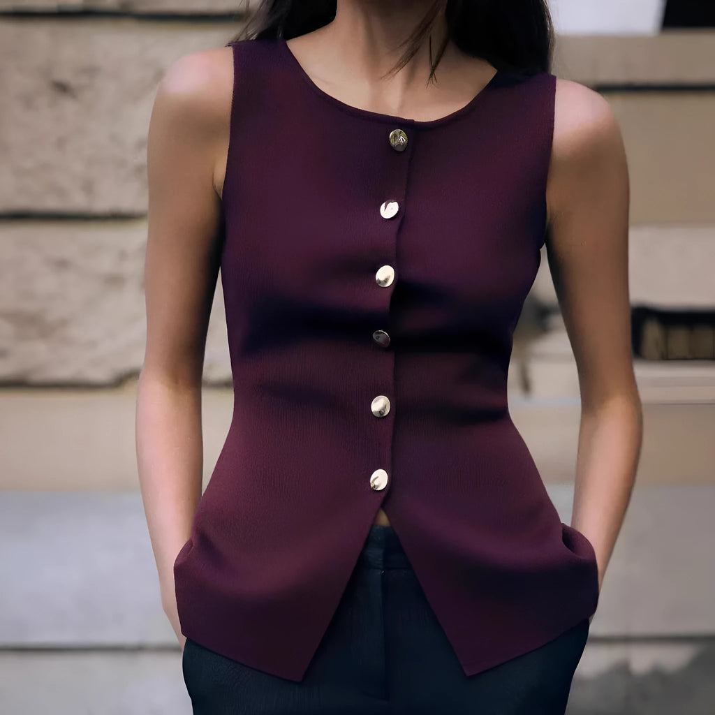Dark red slim fit sweater vest with gold buttons and 3D textured pattern