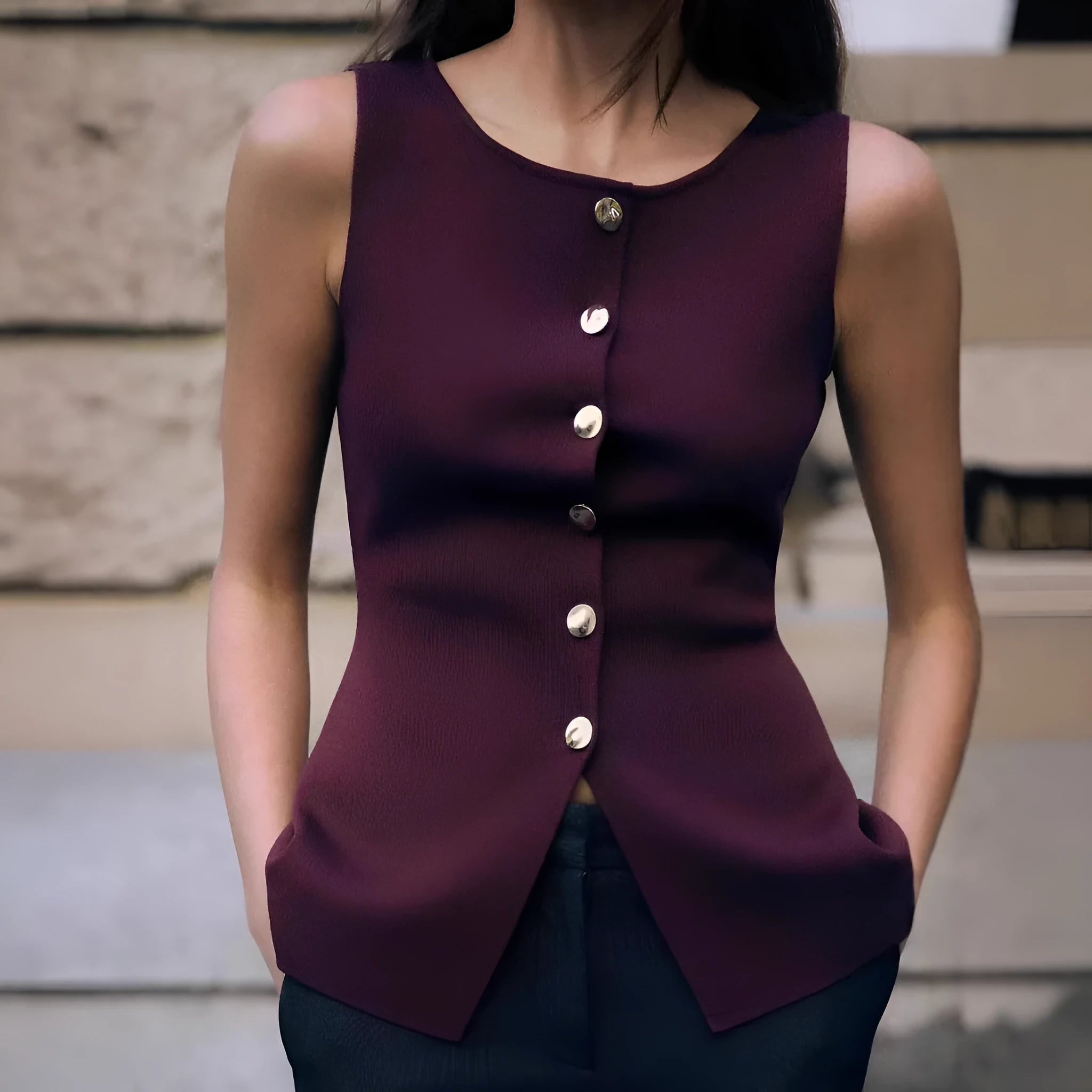 Dark red slim fit sweater vest with gold buttons and 3D textured pattern