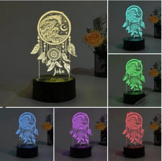 Custom dream catcher USB night light with acrylic shade and black base showing colourful lighting modes
