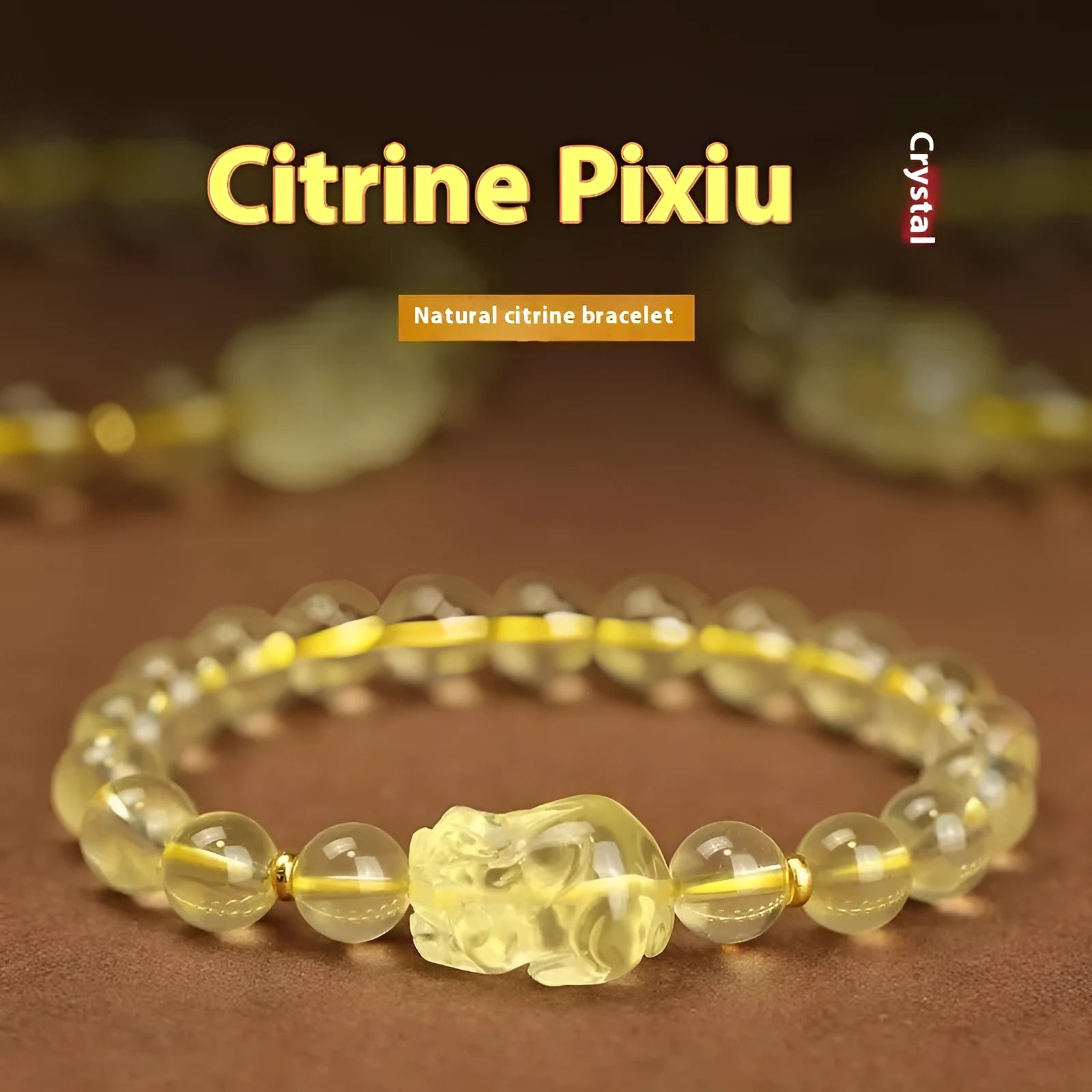 Yellow leather bracelet with artificial citrine crystal beads in Chinese Pi Xiu design