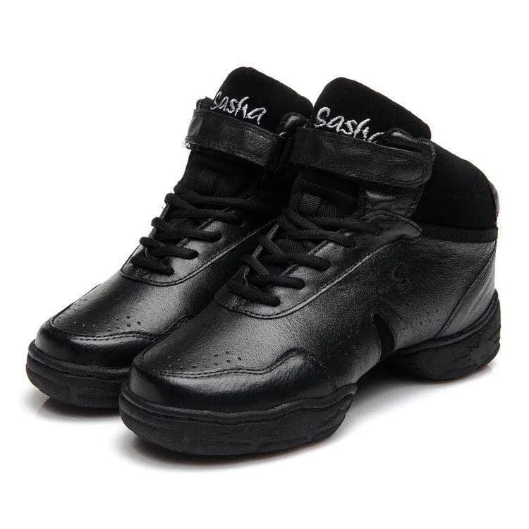 Square dance fitness shoes with black pigskin upper and rubber sole, soft sole design