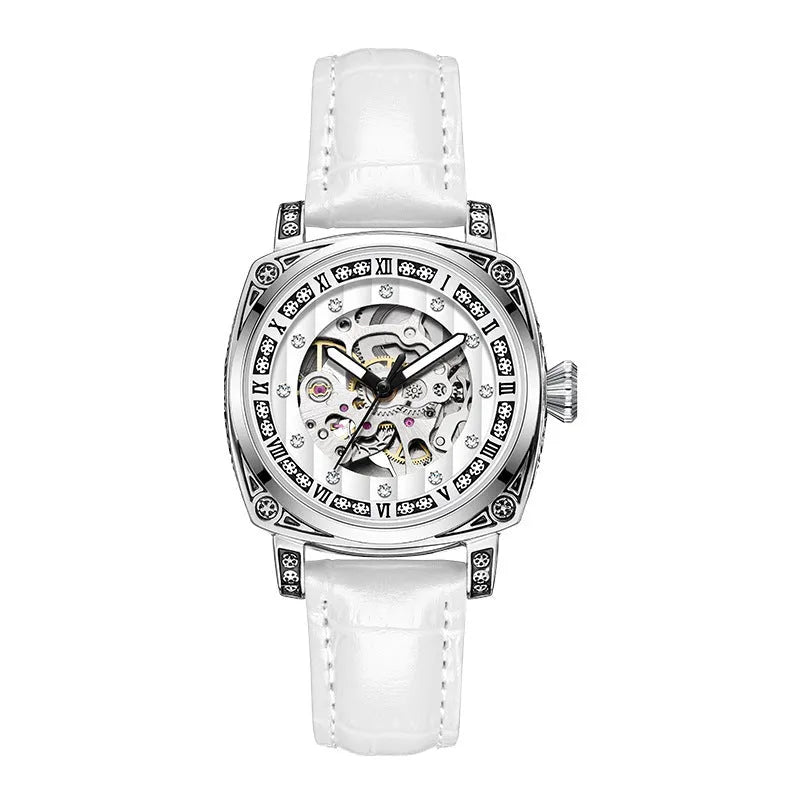 Mechanical wristwatch with luminous hands and leather strap, waterproof to 10m