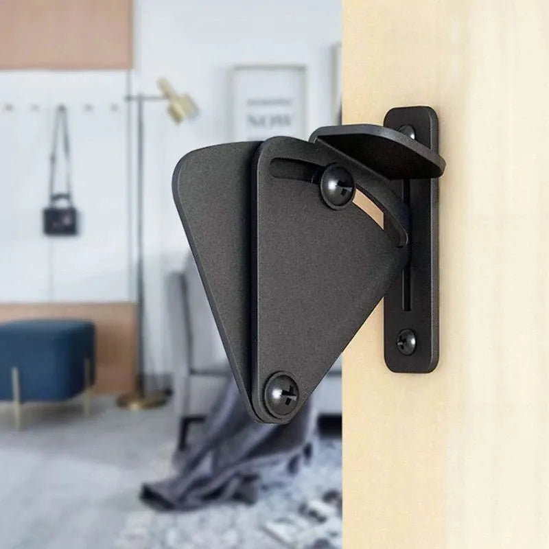 Black stainless steel sliding barn door lock shown in two sizes for different door gaps.