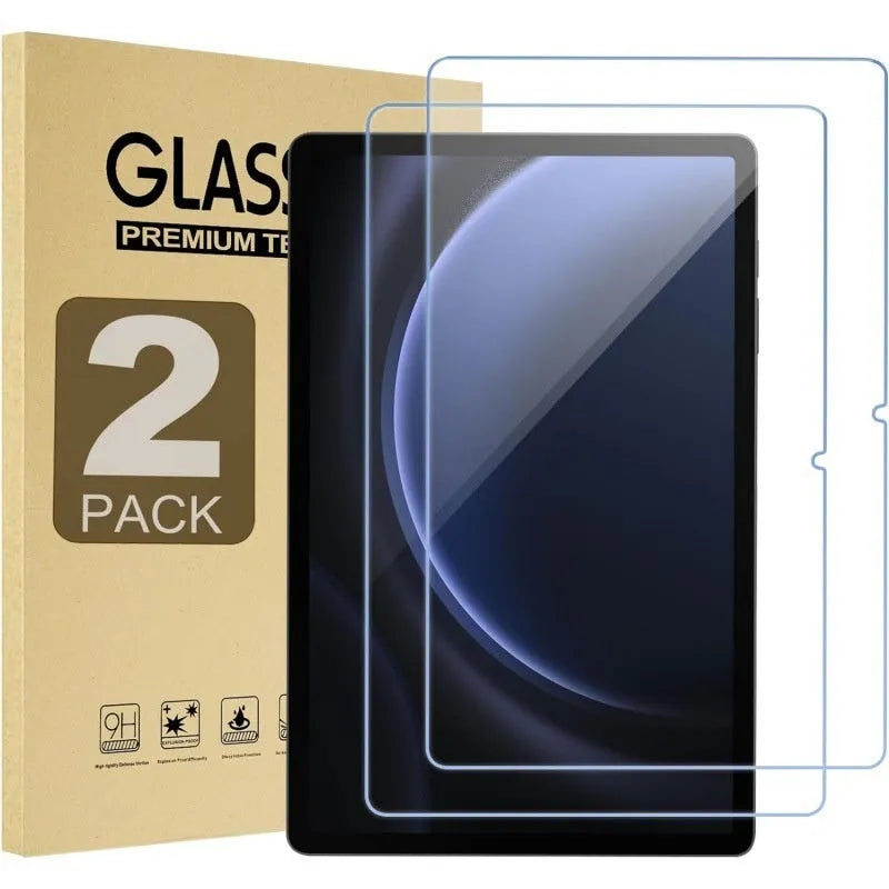 Samsung Galaxy tablet with HD tempered glass screen protector showing anti-fingerprint surface.
