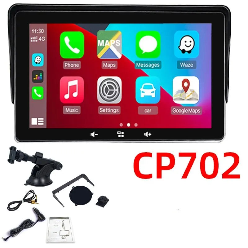 7-inch wireless CarPlay display with cigarette lighter cable and suction cup mount for car dashboard installation