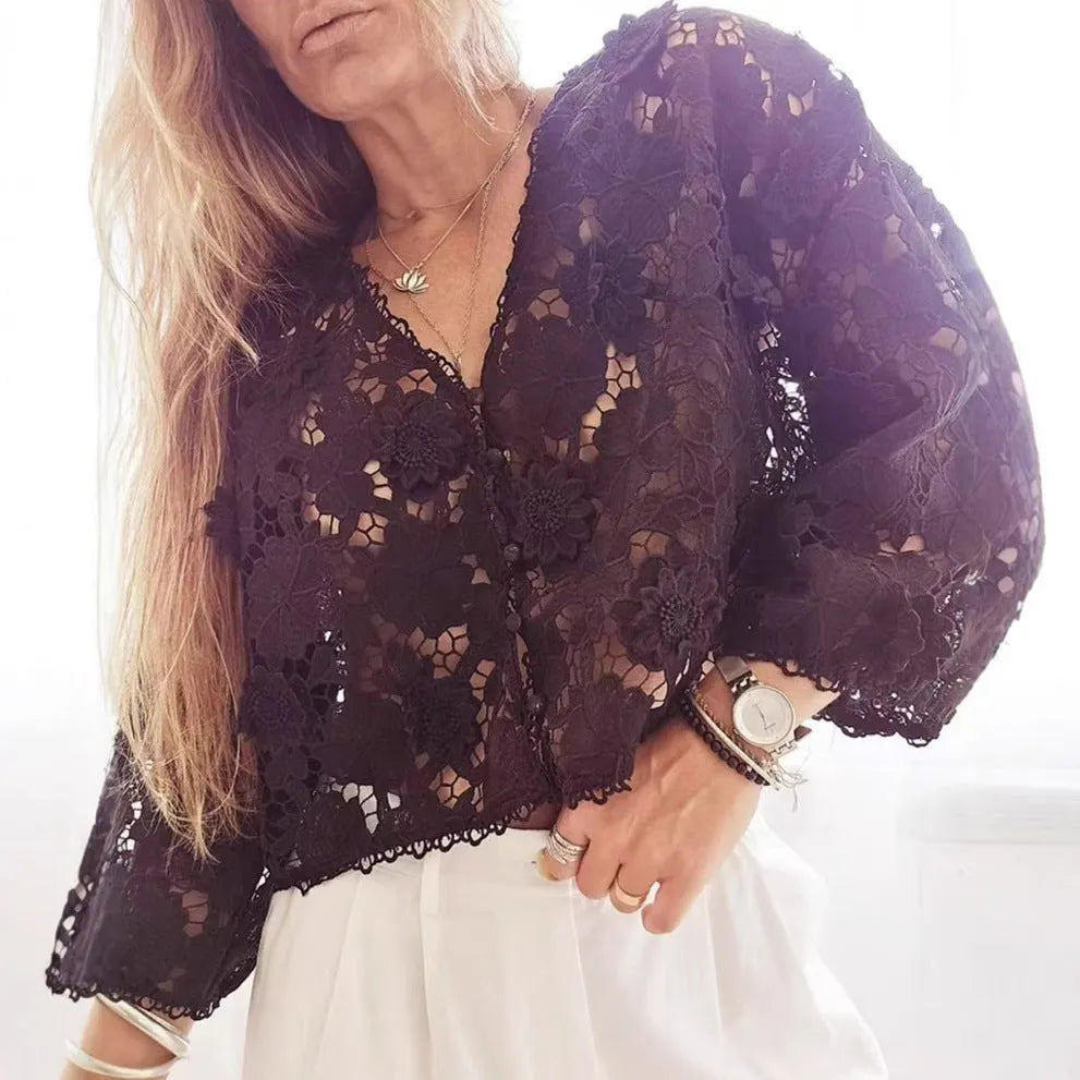 Women's loose polyester lace cardigan with three-dimensional flower decoration at V-neck and hollow long sleeves.