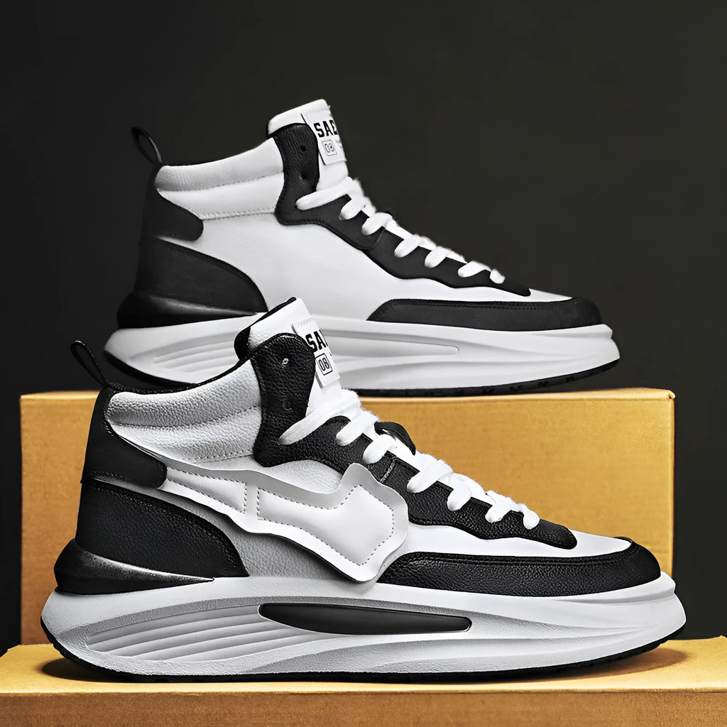Men's black and white high-top platform board shoes with round toe and artificial PU material