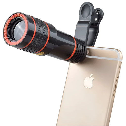 Black 12x mobile phone telescope lens with clip extended next to smartphone