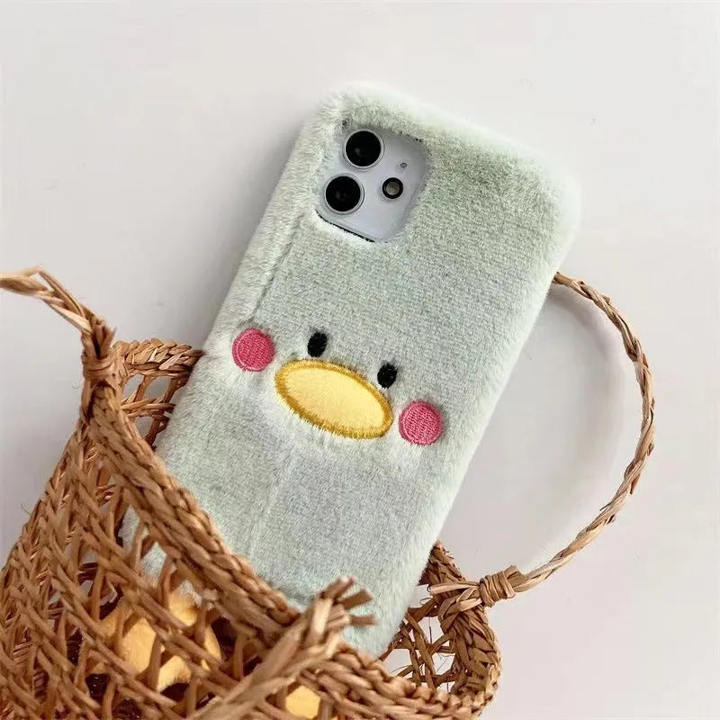 Plush TPU phone case for iPhone 15 Pro with cute duck design in plush vertical duck colour