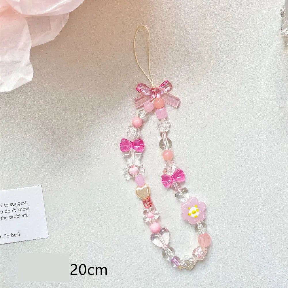 Floral bead mobile phone lanyard with plastic resin decoration in yellow blue pink colour options