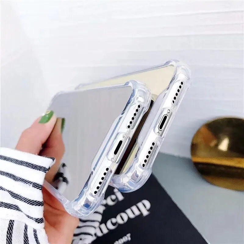 Mirror iPhone Case in various colours including black, blue, gold, rose gold, silver, and transparent.