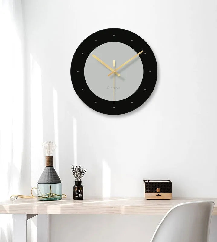 Minimalist transparent tempered glass wall clock, 29.5cm diameter, with silent movement on a plain wall.