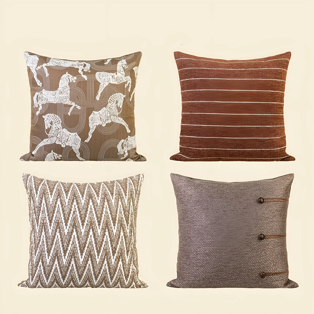 Chinese style square pillow cushion with geometric pattern in Maillard colours on sofa
