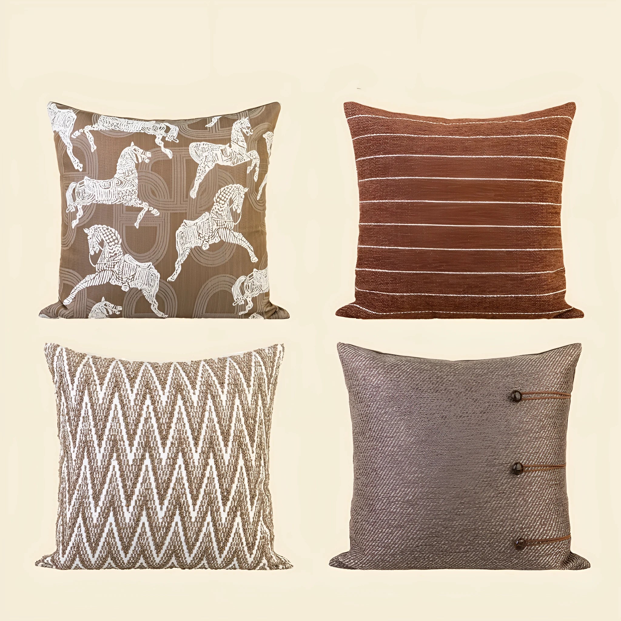 Chinese style square pillow cushion with geometric pattern in Maillard colours on sofa