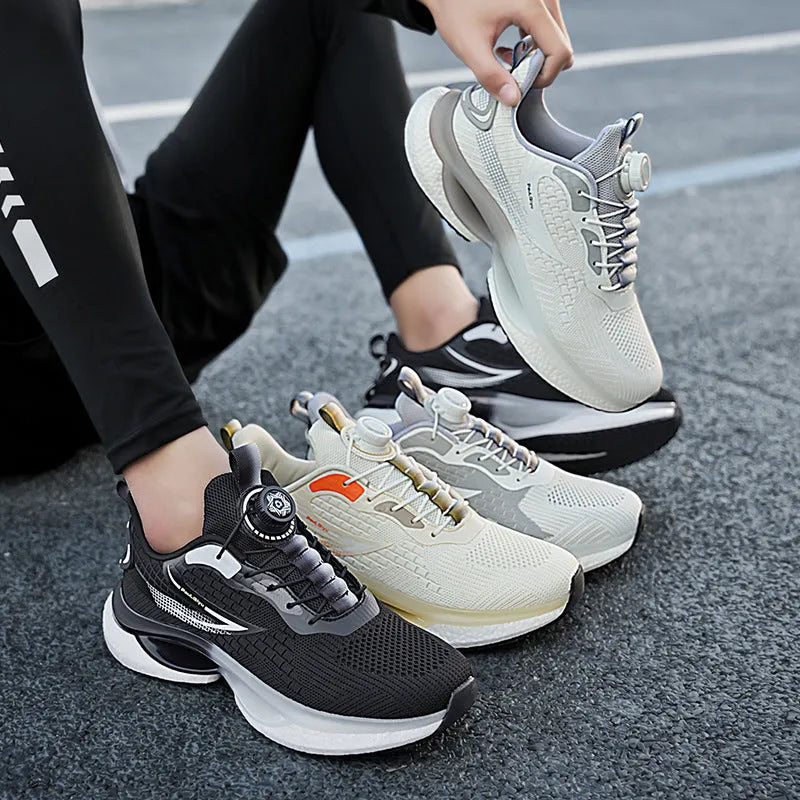 Men's white Korean-style running shoes with a rotating buckle closure and mesh upper.