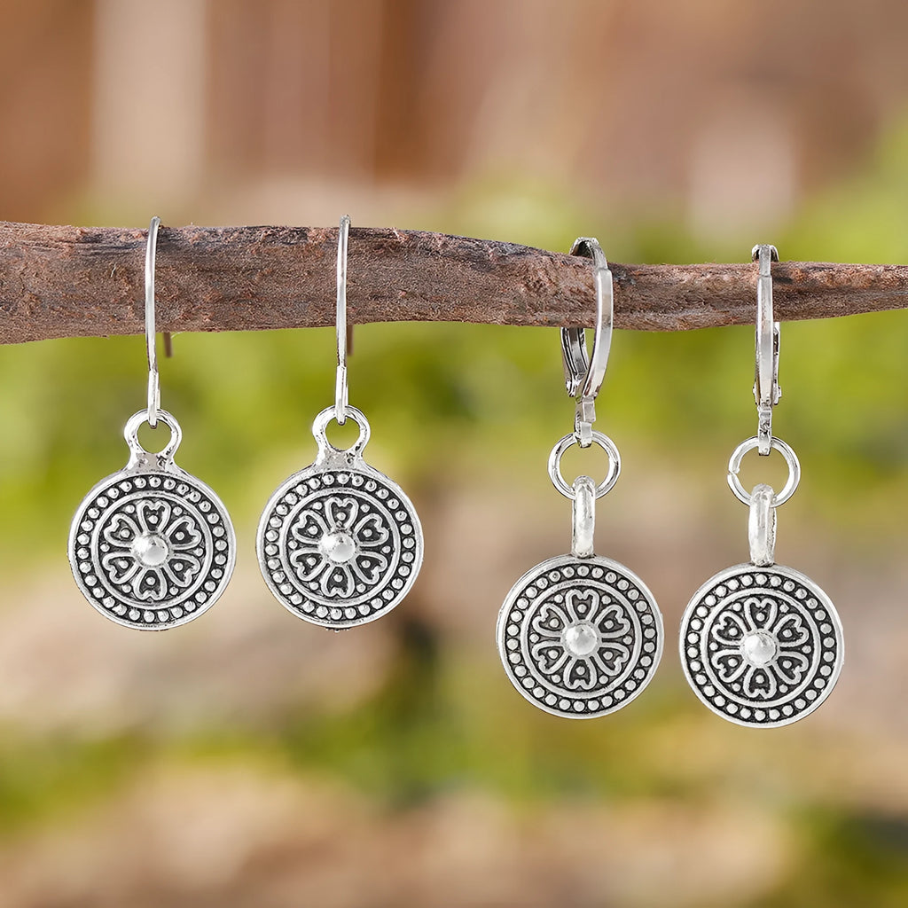 Geometric bohemian style earrings with distressed retro round ethnic print in zinc alloy