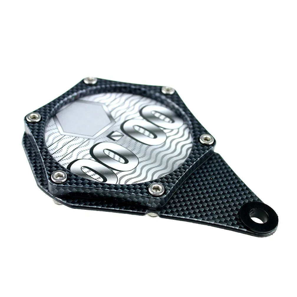 Black carbon fibre pattern motorcycle tax seal with six-corner screw measuring 100x7mm
