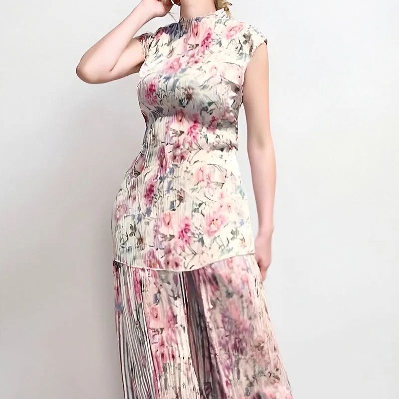 Women's printed chiffon two-piece dress set with long sleeves and a high-waisted skirt.