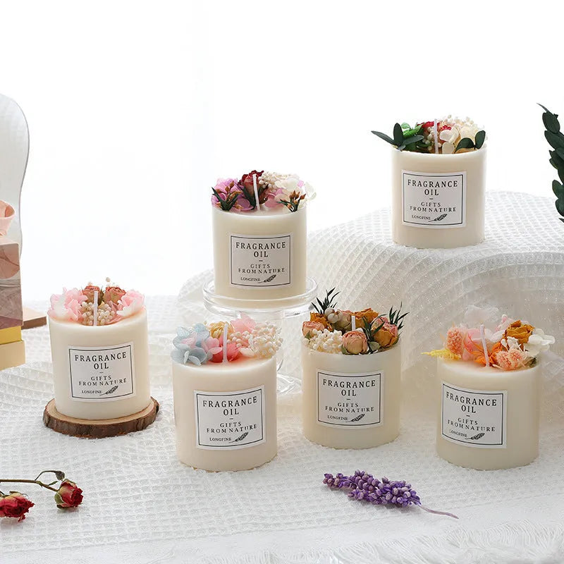 Dried flowers decorated scented candle in choice of nine fragrances with gift box option