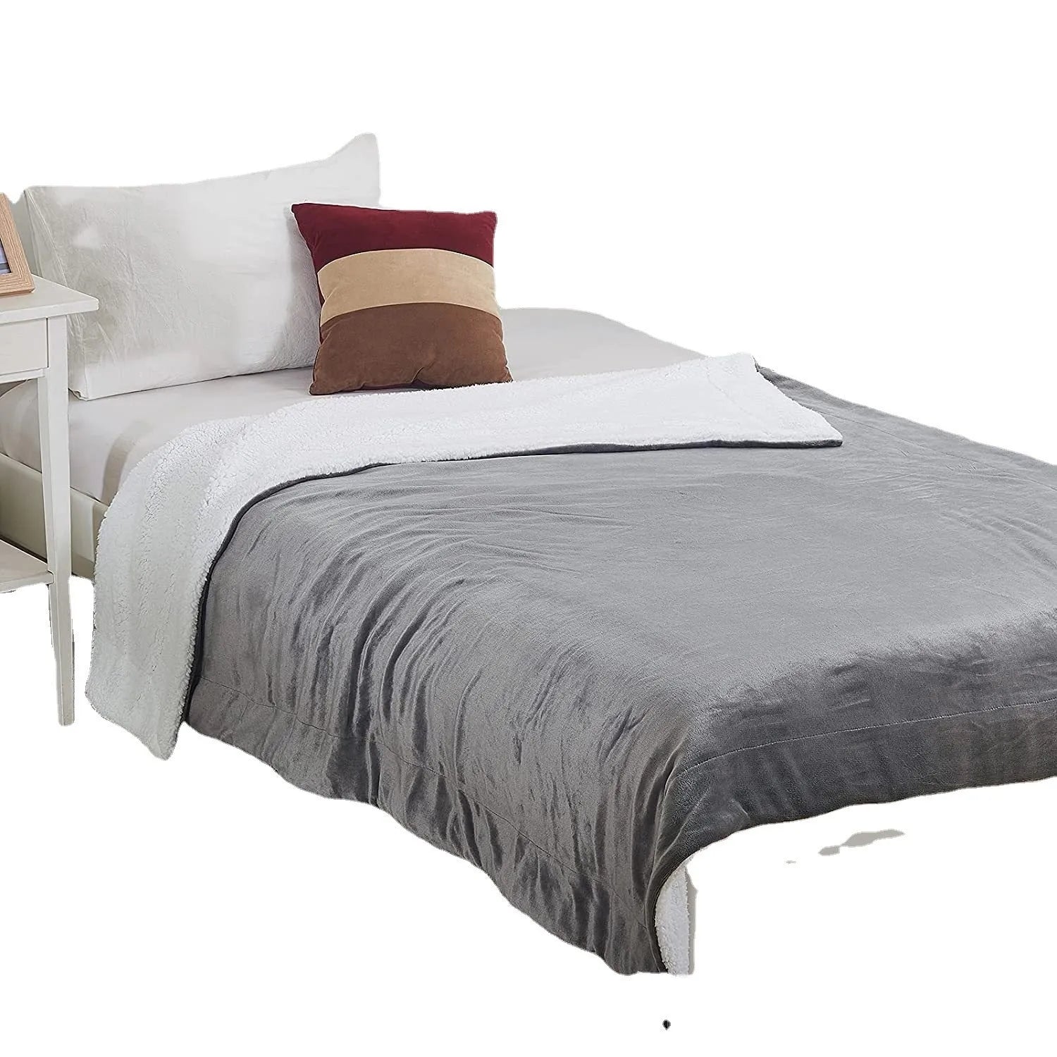 Grey and white USB electric heating blanket with temperature controls on soft flannel fabric