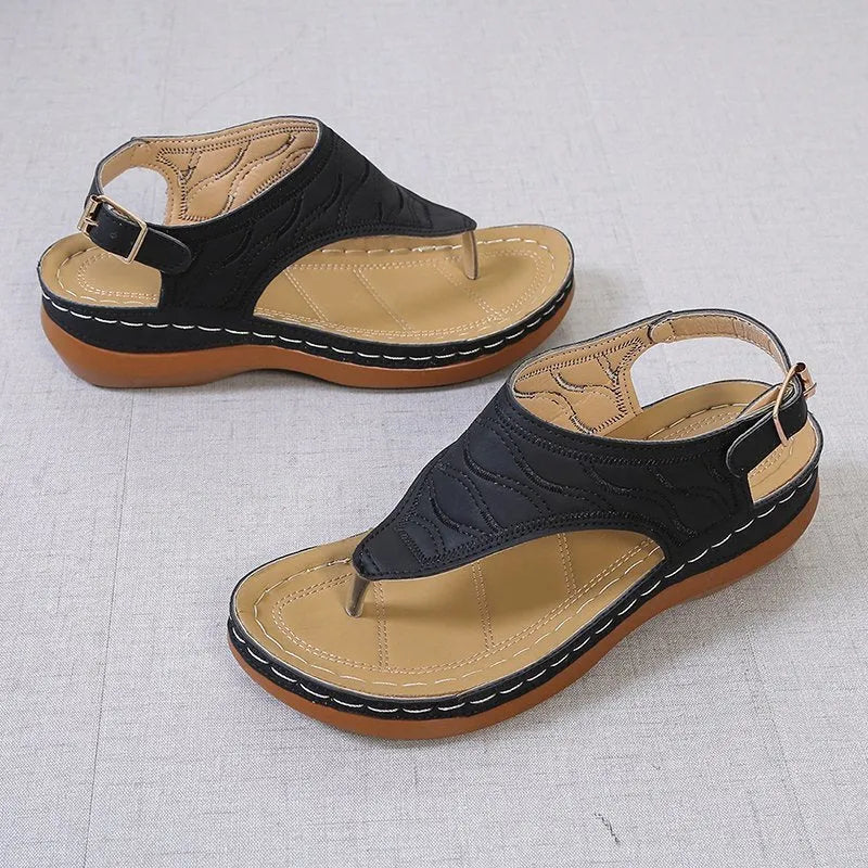 Women's casual wedge heel sandals with adjustable buckle strap in solid red colour