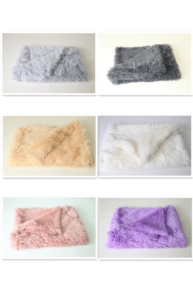 Dog blanket in long plush wool-polyester blend showing three size options and colour variations