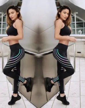 Women's black and white glowing print fitness leggings in milk silk fabric showing slim fit design