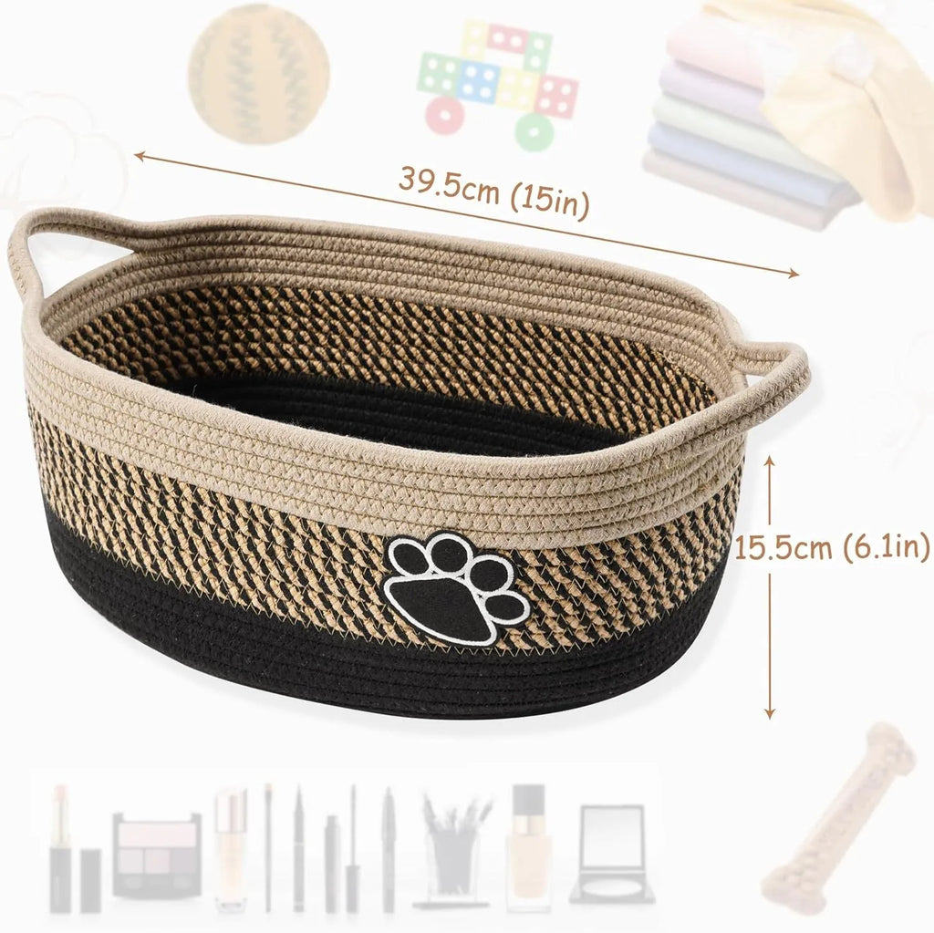 Small light beige handmade cotton rope storage basket with a wooden handle.