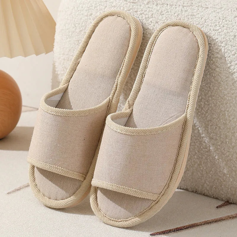 Women's open toe slippers in linen material, shown in a light brown colour with thickening sole.