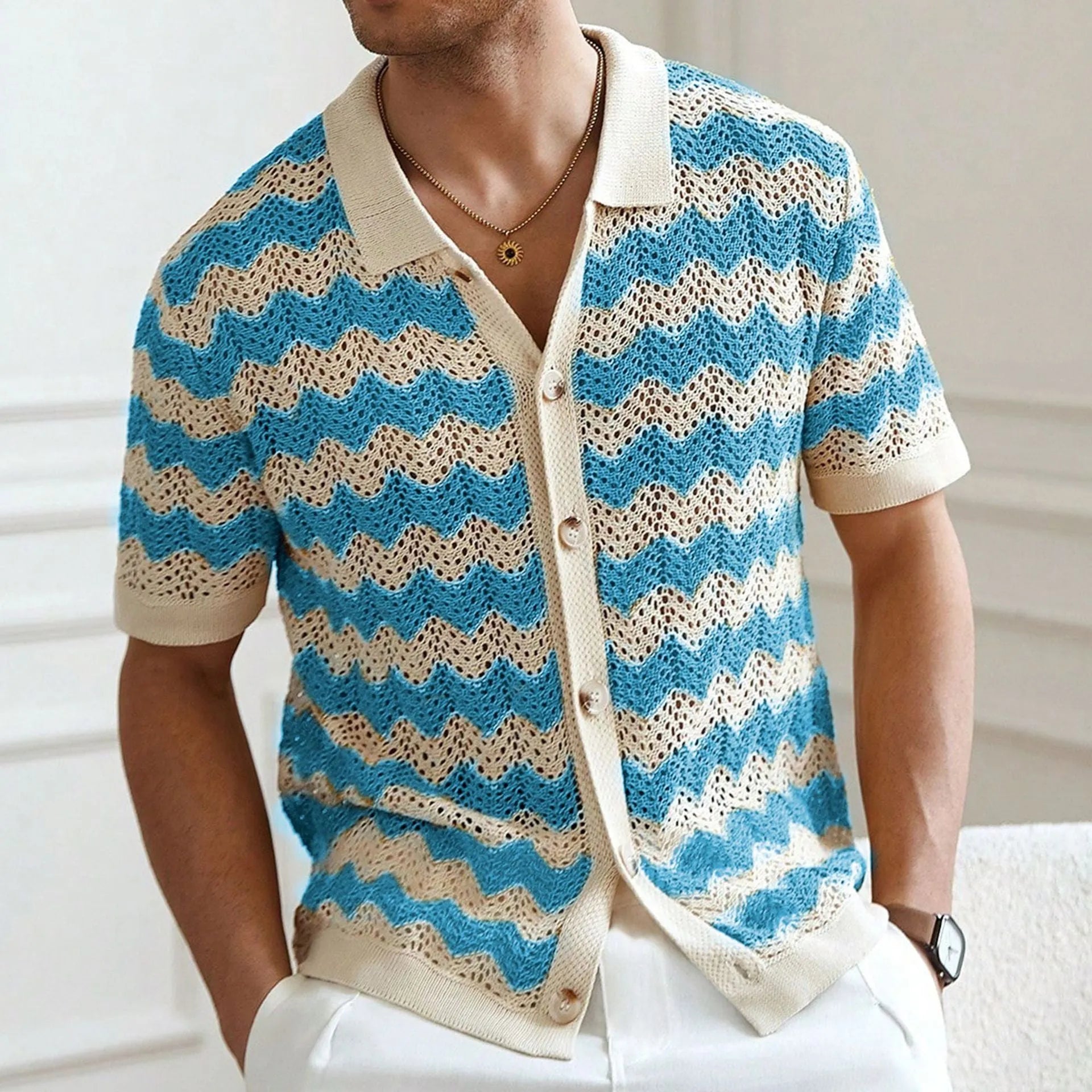 Yellow hollow jacquard corrugated short sleeve sweater with flocking detail on hanger