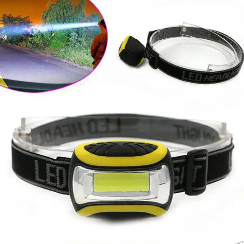 Yellow plastic headlamp with COB LED light and adjustable elastic head strap.