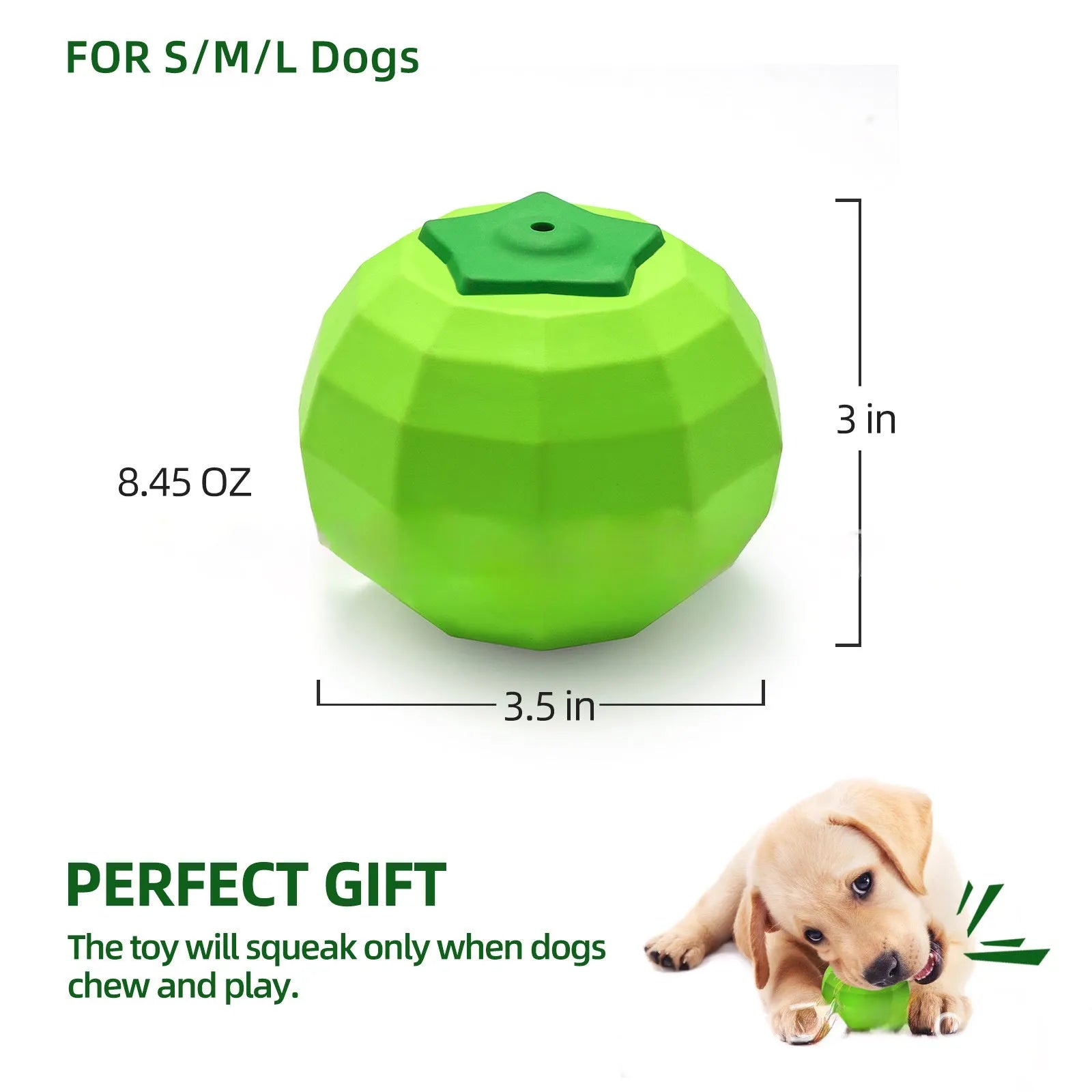 Green natural rubber dog squeaky ball chew toy for aggressive chewers measuring 90mm