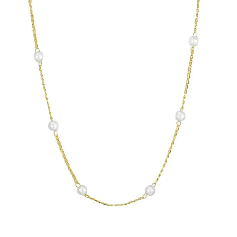 Gold pearl pendant necklace on ball bead chain 41-50cm copper geometric design