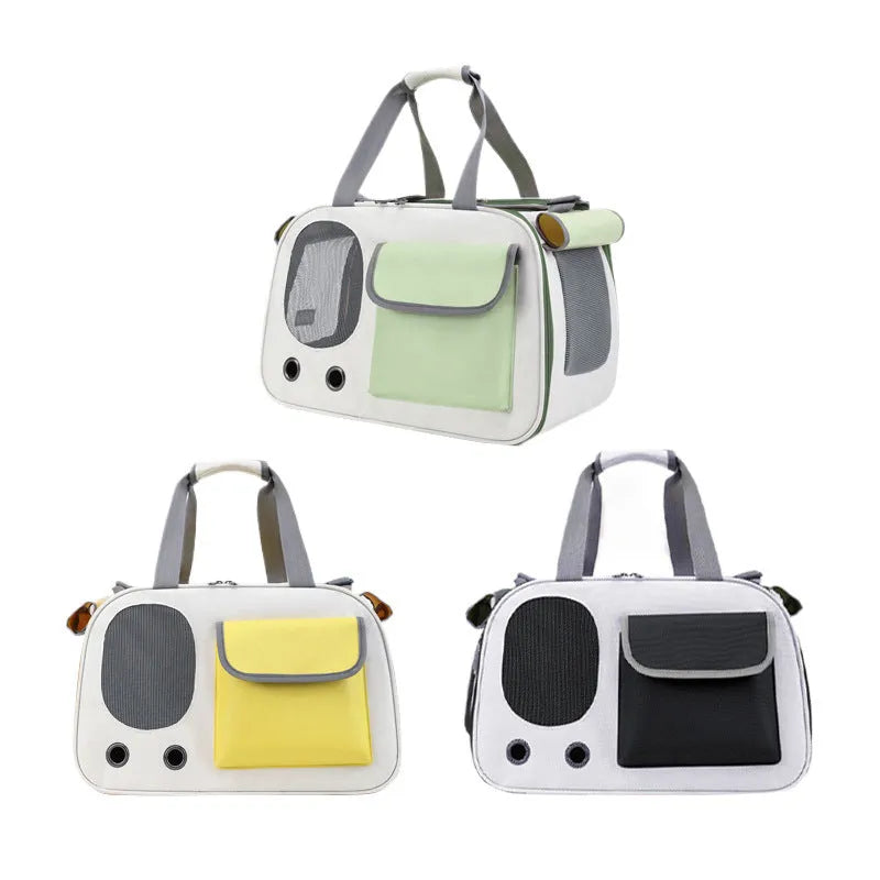 Foldable single shoulder pet backpack in black canvas with large capacity for cats and small dogs