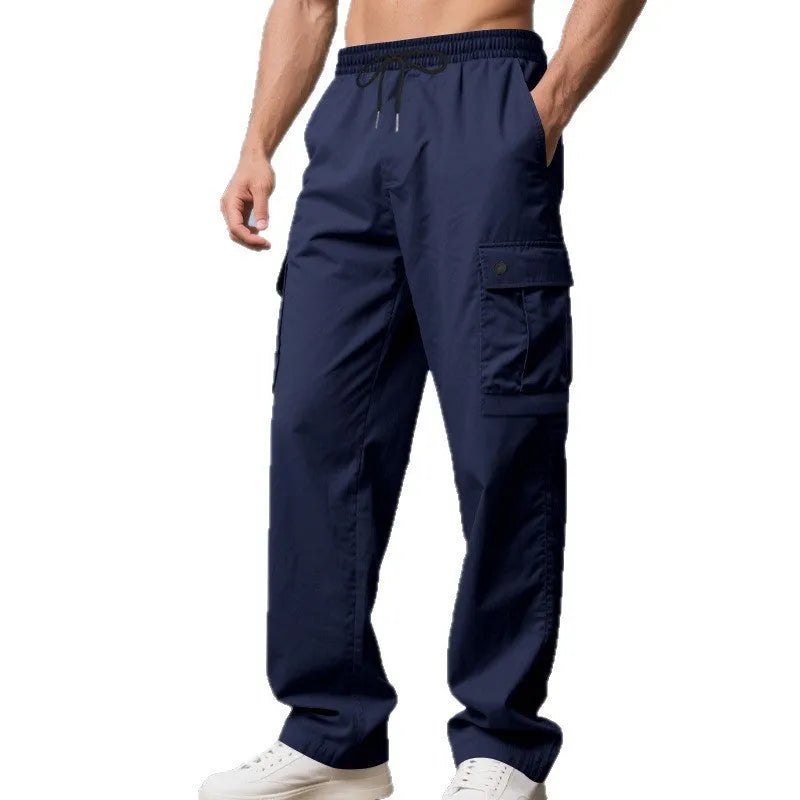 Men's loose multi-pocket cargo trousers in khaki, straight-leg polyester pants with side pockets