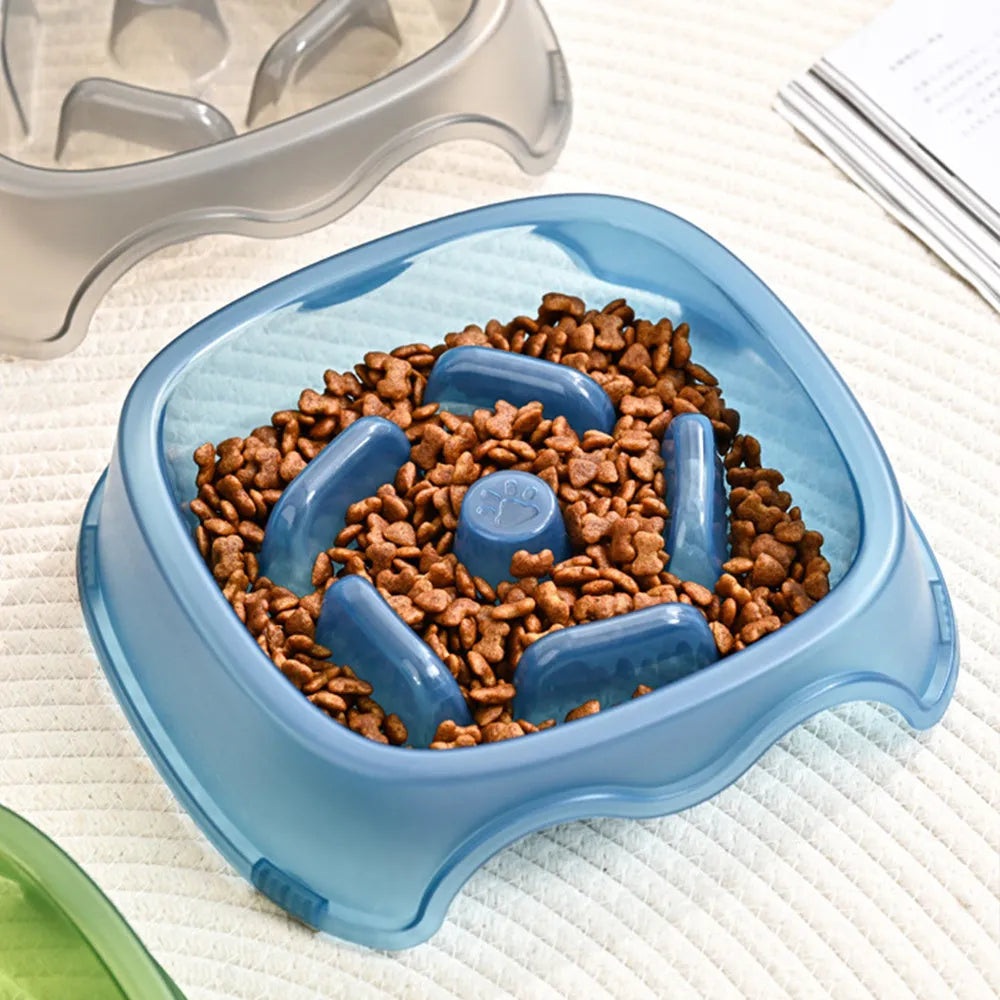Blue plastic dog slow feeder bowl with raised internal maze pattern for anti-choking feeding