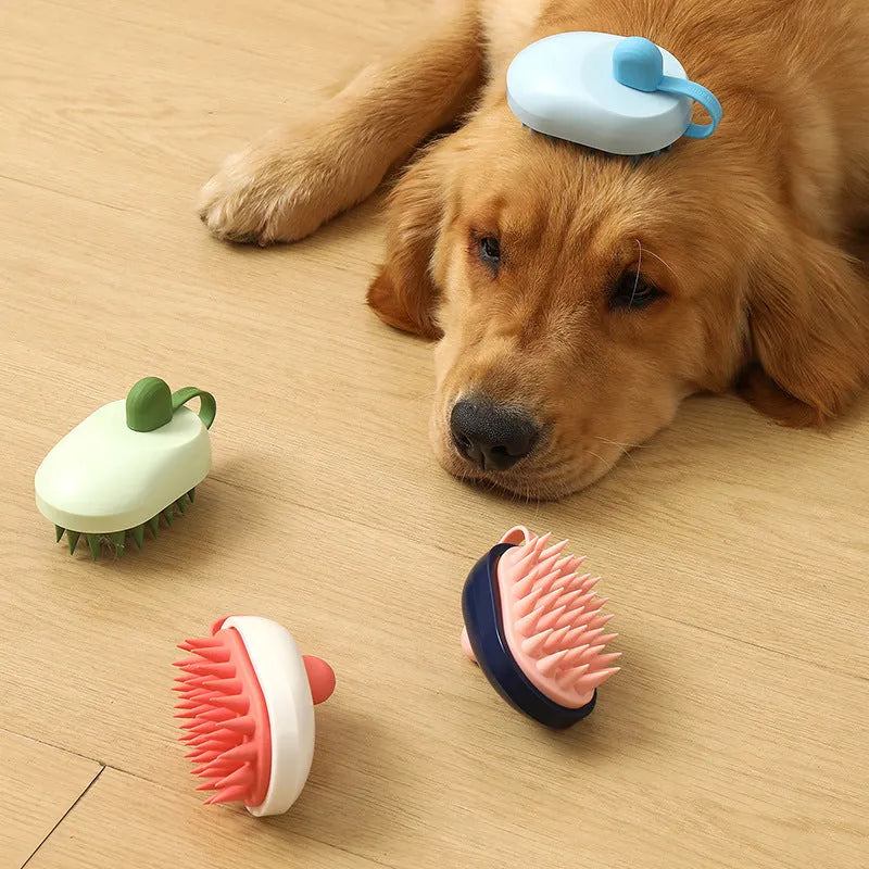 Handheld silicone dog bath brush with soft TPR massage bristles for hair removal during washing.