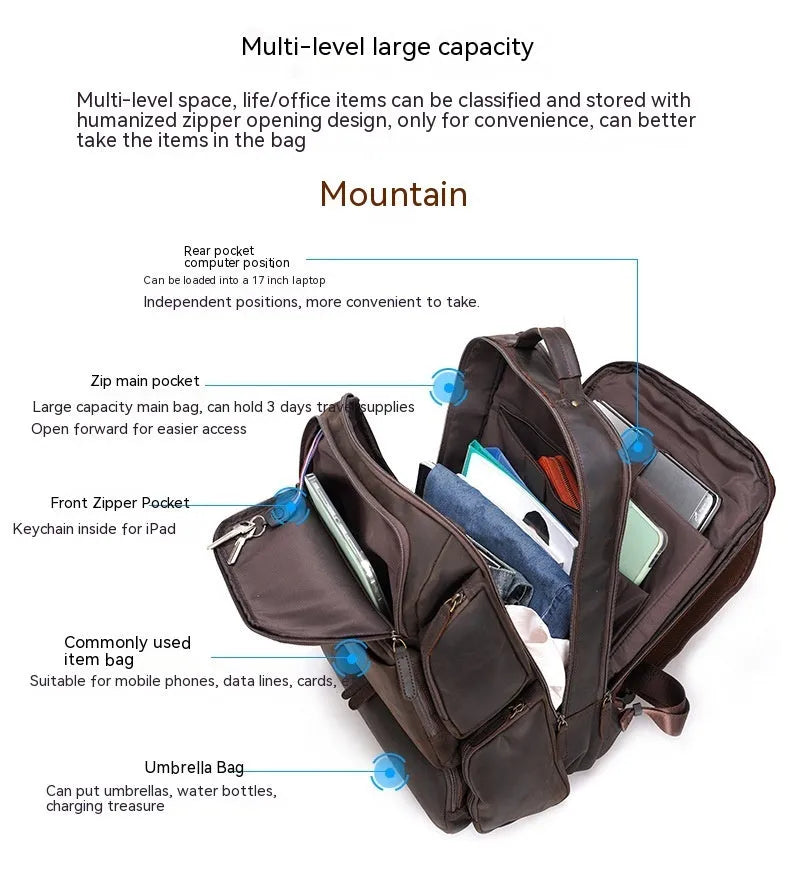 Dark brown retro genuine leather backpack for men with a 17-inch laptop compartment.
