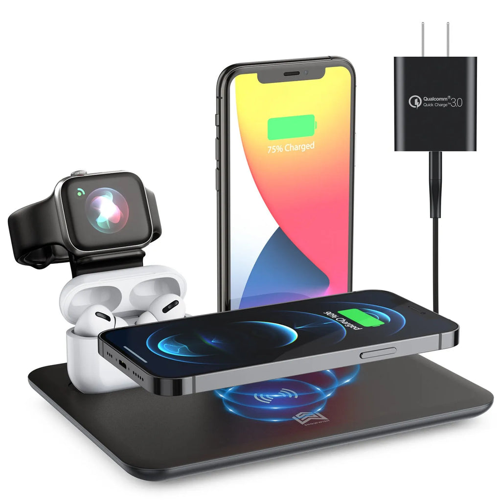 Wireless desktop charger with phone bracket showing watch and headphone charging ports in black finish