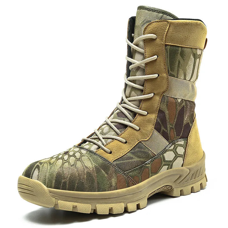 Plus size men's high-top boots in black and camouflage colours with mesh upper and totem pattern detailing