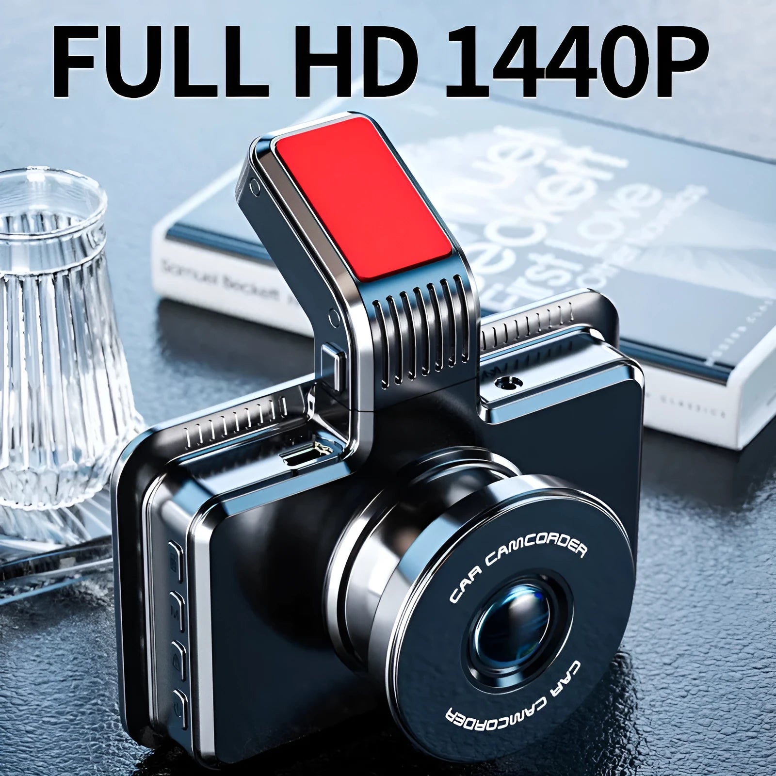 3-inch screen dual lens car dashboard camera DVR with front and rear cameras on a car dashboard.